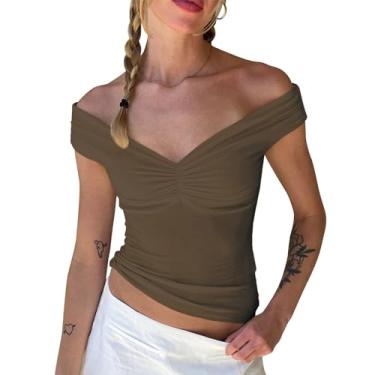 Imagem de Balimtoy Blusa feminina com ombros de fora, sem mangas, costas nuas, cropped para sair, gola V, caimento justo, bustiê, roupas Y2K, Marrom, M