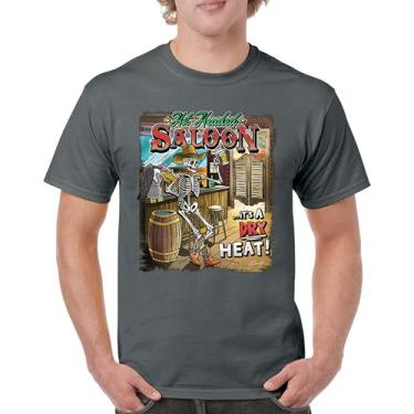 Imagem de Camiseta masculina Hot Headed Saloon But its a Dry Heat Funny Skeleton Biker Beer Drinking Cowboy Skull Southwest, Carvão, P