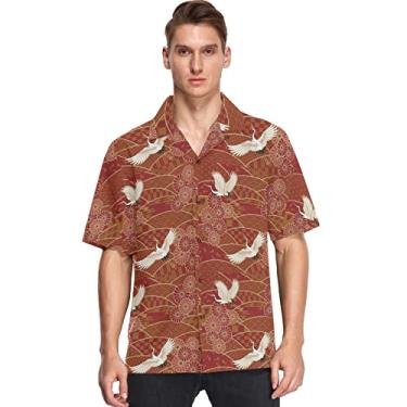 Imagem de visesunny Camisa masculina casual de botão manga curta havaiana cranes margarida japonesa retrô estampa de onda Aloha, Multicolorido, M