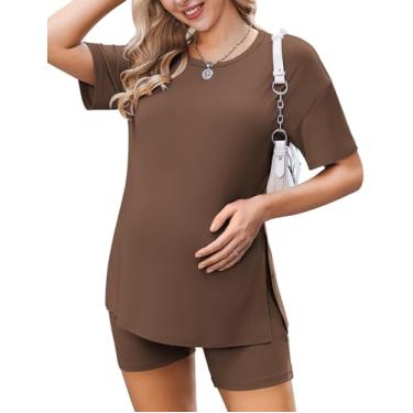 Imagem de Ekouaer Pijamas femininos para gestantes 2 peças roupas de manga curta camisas e shorts loungewear gravidez roupas de mamãe, Marrom, GG