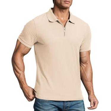 Imagem de CANGHPGIN Camisa polo masculina com zíper casual slim fit tricô roupas masculinas camisa muscular moderna, Caqui, GG