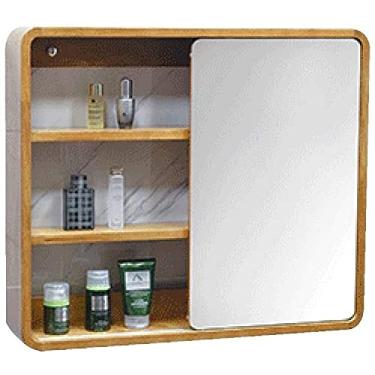 Imagem de Espelho de madeira maciça armário de banheiro armário de parede de carvalho espelho deslizante de banheiro (cor: branco, tamanho: 70 * 60 cm) (marrom 60 x 60 cm)