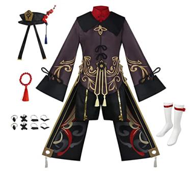 Imagem de Yakisle Hu tao Cosplay Hu Tao Cosplay Fantasia de Halloween com chapéu para mulheres, Preto, X-Large