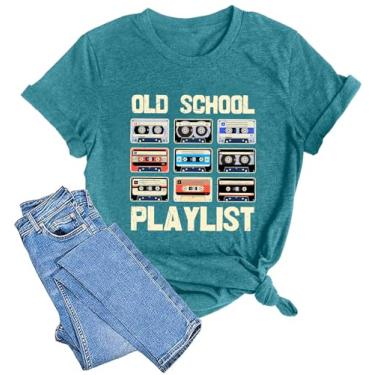Imagem de LAZYCHILD Camiseta Feminina Anos 80 Old School Playlist Vintage Fita Cassete Gráfica Música Camiseta 80s Tops, Ciano, XXG