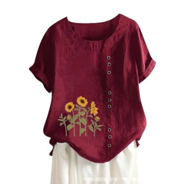 Imagem de Camiseta feminina de algodão e linho, caimento solto, casual, estampa floral, girassol, manga curta, abotoada, colete feminino, Vinho, 4G