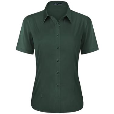 Imagem de J.VER Camisa social feminina casual elástica de manga curta fácil de cuidar, Verde militar, PP