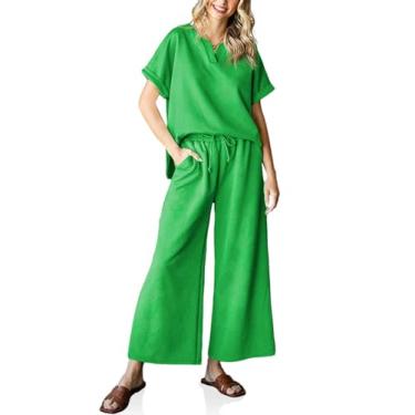 Imagem de Imily Bela Conjunto feminino de 2 peças de moletom, manga curta, gola V, calça larga, conjunto casual de verão combinando, Verde, G
