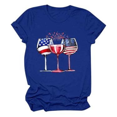 Imagem de Camisetas femininas PKDong de 4 de julho com gola redonda, manga curta, dia independente, estampada, taças de vinho, camisetas de verão 2024, Azul, M