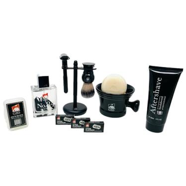 Imagem de GBS 9 Pc final de barbear Set - não Slip DE Safety Razor escova Badger Pure Fique 5 oz Sandalwood Aftershave, 3.4 caneca Bloco oz No.84 Cologne Alum com GBS Sabão Natural +15 Blades presente de Natal do feriado