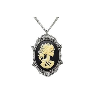 Imagem de MALOYANVE Colar de caveira gótica Lolita retrô místico feito à mão camafeu esqueleto elíptico com pingente de moldura de Halloween para festa de Halloween, presentes para homens e mulheres, Zinco, Sem