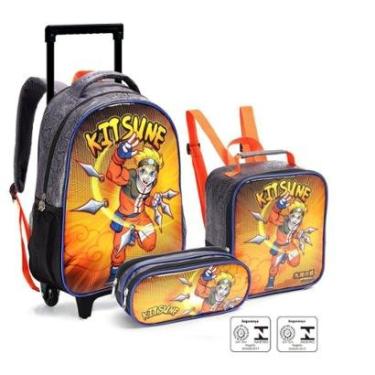 Imagem de Kit Mochila Rodinha Estojo Lancheira Infantil Escolar Menino Kitsune Seanite-Masculino