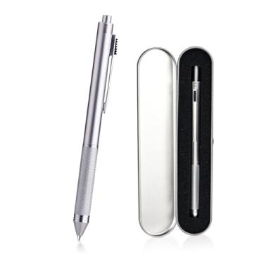 Imagem de smttw Caneta esferográfica multifuncional 4 em 1 recarregável e retrátil + lapiseira de 0,5 mm, ponta fina, barril de metal prateado, tintas pretas/vermelhas/azuis, caneta multicolorida com caixa de