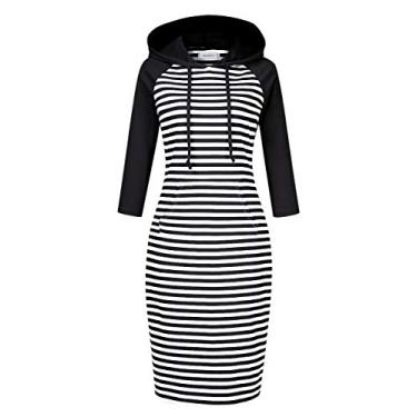 Imagem de Clearlove Vestido feminino listrado com capuz e bolso na altura do joelho, Raglan, preto, branco, XXG