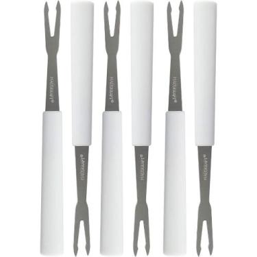 Imagem de Garfo para petiscos hausfraft aço inox cabo branco - kit c/6 unidades 