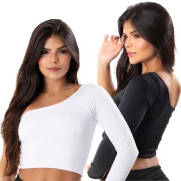 Imagem de Kit 2 Cropped Manga Longa Mula Manca Ombro Só Feminino Top Sem Bojo Bá