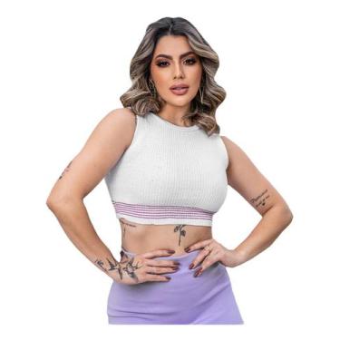 Imagem de Cropped Listras Finas Blusa Regata Tricot Feminina - EUC STORE, Branco