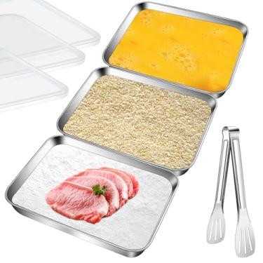 Imagem de Aemygo Conjunto de 3 bandejas de pão de aço inoxidável com tampas, formas de panificação à prova de poeira com pinça para dragar peitos de frango, marinar carne, bandejas de preparação de alimentos,