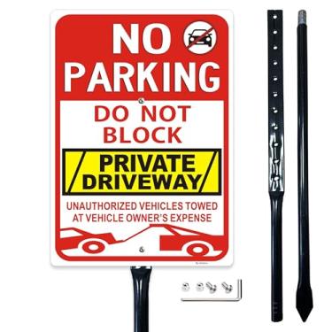 Imagem de Amexiu Placa de estacionamento não bloqueia placas de garagem privadas com 91 cm de comprimento de estaca de metal, 25,4 x 35,5 cm "Veículos não autorizados rebocados às despesas do proprietário do