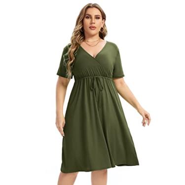 Imagem de ShopWonder Vestido plus size feminino, gola V, evasê, comprimento até o joelho, vestido rodado, plus size, minivestido de festa, Olive-cs, 5G