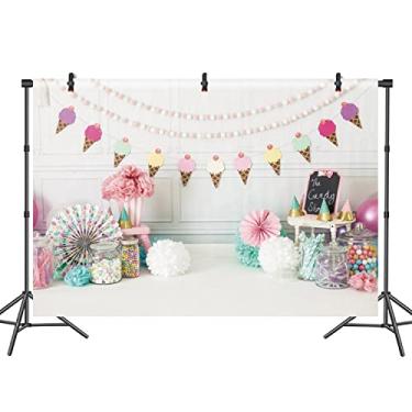 Imagem de DASHAN 2,1 x 1,5 m de poliéster Candyland Cenário para bebê menina 1º aniversário Bolo Smash Candy Shop Bandeira de sorvete Candyland Flores de aniversário Fotografia Fundo Candyland Dessert Party Kid YouTube Adereços para fotos