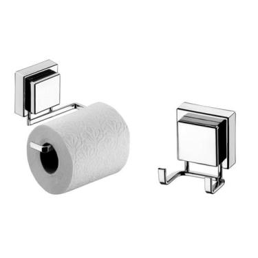 Imagem de kit lavabo banheiro cromado ventosa 02 peças Future porta papel higiên