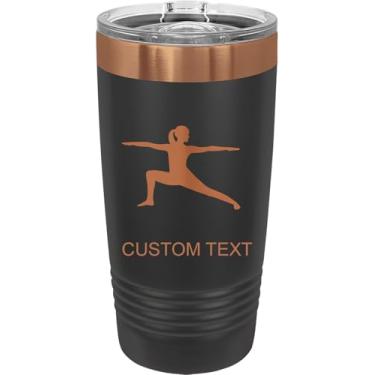 Imagem de Aula de ioga, copo de aço inoxidável personalizado gravado a laser 590 ml café de viagem preto/ouro rosa banhado a íon parede dupla carro viagem caminhão caneca gola redonda personalizável, tampa