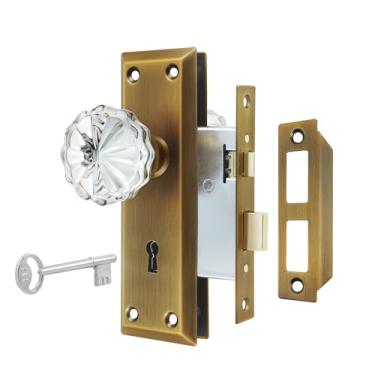 Imagem de newliplace Conjunto de fechadura de encaixe para porta interna, maçanetas de porta de latão antigo com fechadura e chave de esqueleto, maçanetas de vidro de cristal para porta de estilo antigo