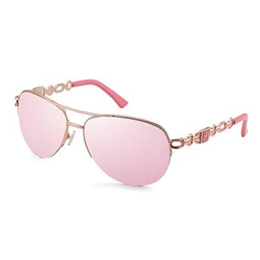 Imagem de Óculos de sol estilo aviador clássico para mulheres, lentes espelhadas, corrente com armação de metal, óculos de sol, proteção UV 400, 60 mm, Lente: rosa/moldura: ouro/têmpora: rosa