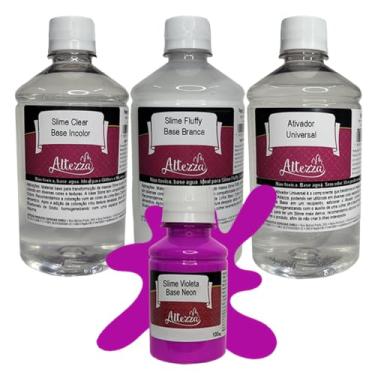 Imagem de Kit Ativador Slime Universal 500ml + Cola Slime Fluffy 500g + Cola Slime Transparente Clear 500g - Altezza - Kit DIY para Slimes Criativos (Kit + Neon Violeta 100g)