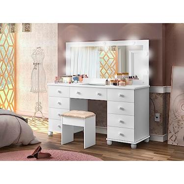Imagem de penteadeira lx camarim 9 gavetas branco com led e espelho com banqueta