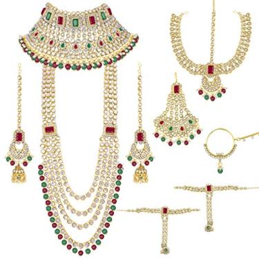 Imagem de Aheli Conjunto de joias indianas tradicionais indianas pesadas gargantilha colar brincos Maang Tikka Nath Paasa Hath Phool em contas falsas Kundan presente para mulheres, Standard, Liga, oxidado, sem