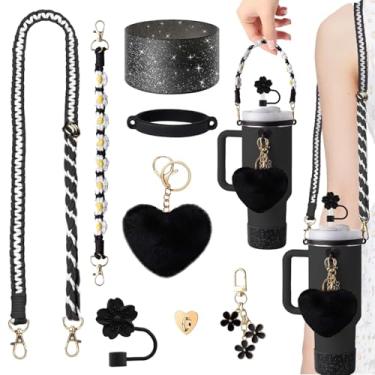 Imagem de Conjunto de acessórios de copo Stanley de 8 peças, alça ajustável para garrafa de água e alça de ombro, bota protetora com glitter, bola pompom em forma de coração, cobertura de canudo e pingentes