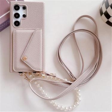 Imagem de Bolsa de couro para cartão para Samsung S23 S24 Plus Ultra S23FE Zflip 4 5 A35 A55 capa à prova de choque pulseira de pérola cordão, rosa claro, para S23 FE