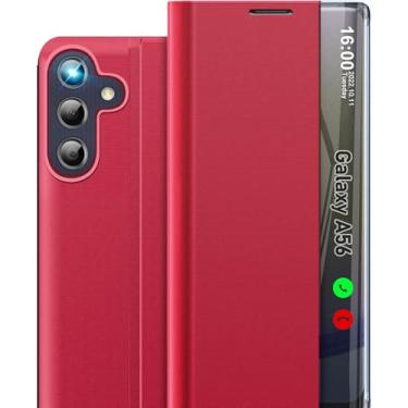 Imagem de Capa de celular para Samsung Galaxy A56 5G, capa protetora à prova de choque com janela de visão clara e fina espelhada para Galaxy A56 5G com suporte, capa protetora de couro rígido de policarbonato