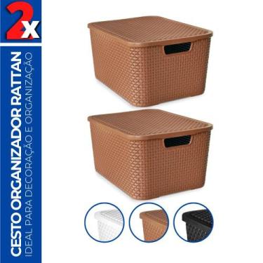 Imagem de Kit 2 Caixas Cesto Rattan Organizadora c/ Tampa 15L 34x26 - Arqplast, 