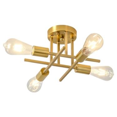Imagem de EGM Lustre Sputnik Moderno De 4 Luzes, Luminária De Teto De Meados Do Século, Luzes De Teto Semi-Embutidas Douradas Para Sala De Jantar, Quarto, Hall De Entrada, Corredor, Cozinha, Escritório (1 Pac
