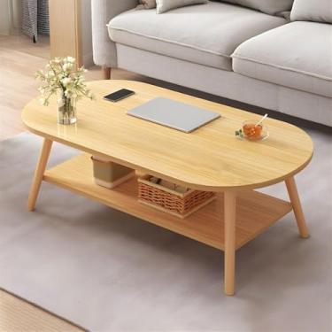 Imagem de Mesa de centro moderna de 2 andares, mesa de centro de madeira, oval de meados do século, com prateleira de armazenamento para sala de estar de apartamentos pequenos, B, 80 x 40 x 42 cm
