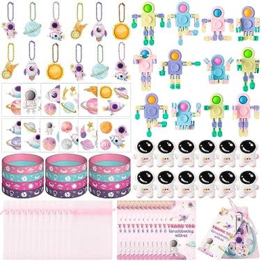 Imagem de EYxsaxenk Pacote De Lembrancinhas Para Festa Do Espaço Sideral Rosa - 84 Peças Pulseira De Borracha De Astronauta Aquarela Broches Fidget Spinner Chaveiro Adesivo Com Cartões De Agradecimento Sacola