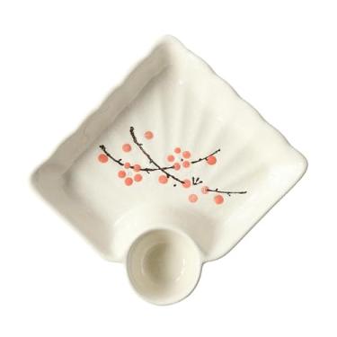 Imagem de Louça de cerâmica de flor de ameixa pintada à mão estilo japonês, prato quadrado de bolinho de massa de arroz doméstico - prato de bolinho de massa - ameixa vermelha
