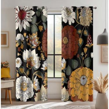 Imagem de Cortinas blecaute florais pretas Boho para quarto, cortinas de escurecimento de flores abstratas morden de meados do século, cortinas de janela escurecendo o quarto de folhas tropicais para sala de