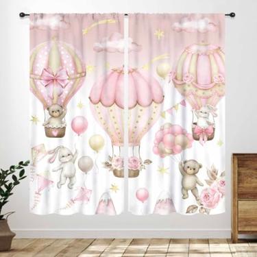 Imagem de Cortinas de urso de desenho animado, lindo urso coelho nuvem rosa arco-íris balão pastel cortinas de janela para quarto de bebê, quarto de bebê, sala de estar, 2 painéis, 106 x 113 cm