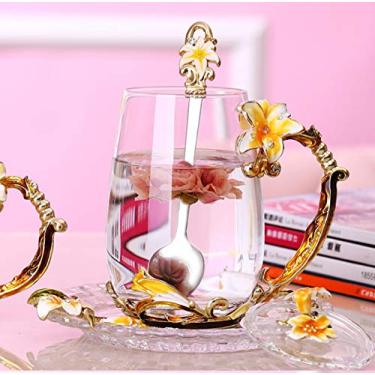 Imagem de Caneca de chá de flores, cristalina, transparente, de vidro para aniversário de casamento, aniversário, dia dos namorados, Natal, mãe, esposa, avó, presente com colher, tampa e xícara