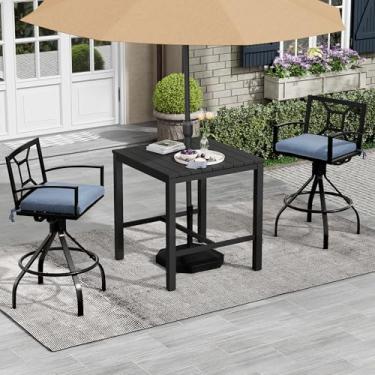 Imagem de Pellebant Banquetas de barra giratórias de alumínio para ambientes externos com almofada, conjunto de bancos de bar com altura de bar, banquinho e cadeiras de pátio para todos os climas para pátio,