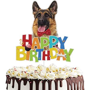 Imagem de Chapéu de bolo de feliz aniversário para cachorro filhote de cachorro temático aniversário festa bolo decoração pastor alemão colorido glitter festa decoração suprimentos (pastor alemão)