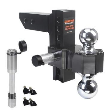 Imagem de GAMPRO Engate de reboque ajustável (receptor de 5 polegadas), com bolas de aço cromado de 20 cm, engates de reboque de alumínio resistente (GTW de 5,7 kg) com pinos de engate de travamento antifurto à