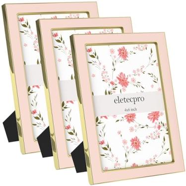 Imagem de eletecpro Porta-retrato esmaltado 10 x 15 cm com capa de vidro real, pacote com 3 molduras rosa com borda metálica dourada, imagens horizontais e verticais, 10 x 15 cm, para decoração de mesa e parede