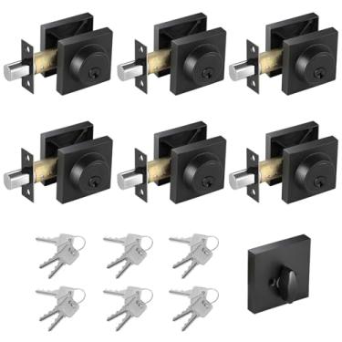 Imagem de Fechadura de fechadura quadrada de cilindro único preto fosco, pacote com 6, fechadura de porta de segurança doméstica, fechadura de porta da frente para escritório, chave 1 lado