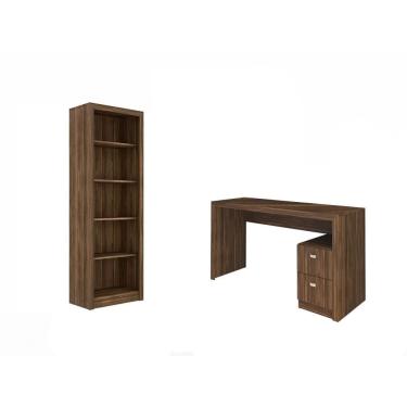 Imagem de Escritório com Mesa para Computador 2 Gavetas Com Armário Prateleiras Portas Nogal - FdECOR