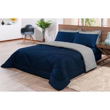 Imagem de Kit Edredom + Jogo De Lençol Aconchego Look House Dupla Face Casal King 06 Peças - Azul E Cinza