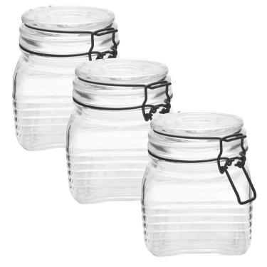 Imagem de 3 Potes De Vidro Hermético Quadrado Com Trava Preto 800Ml